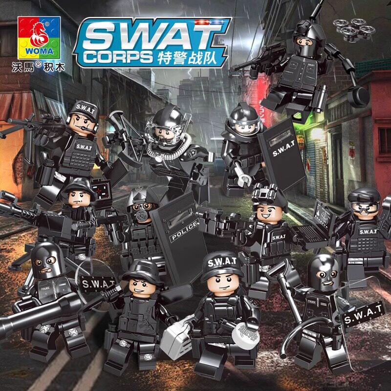 沃马积木男孩子益智力拼装军事特警小人仔警察公仔儿童玩具-C0500