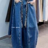 通勤简约宽松显瘦阔腿裤 2025秋季 新款 欧版 复古洋气洗水棉牛仔裤 女