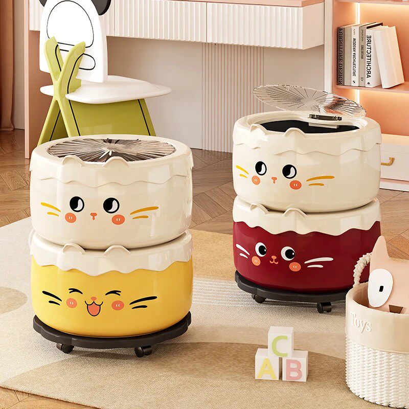 可爱卡通猫咪垃圾桶家用高颜值创意防臭圆形带盖儿童房卧室收纳桶