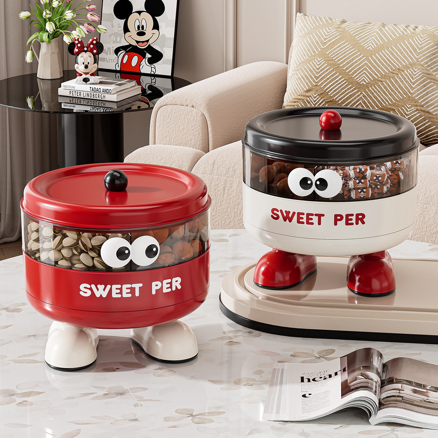 高颜值家用干果盘分格密封客厅茶几零食水果盘旋转坚果盒轻奢高档