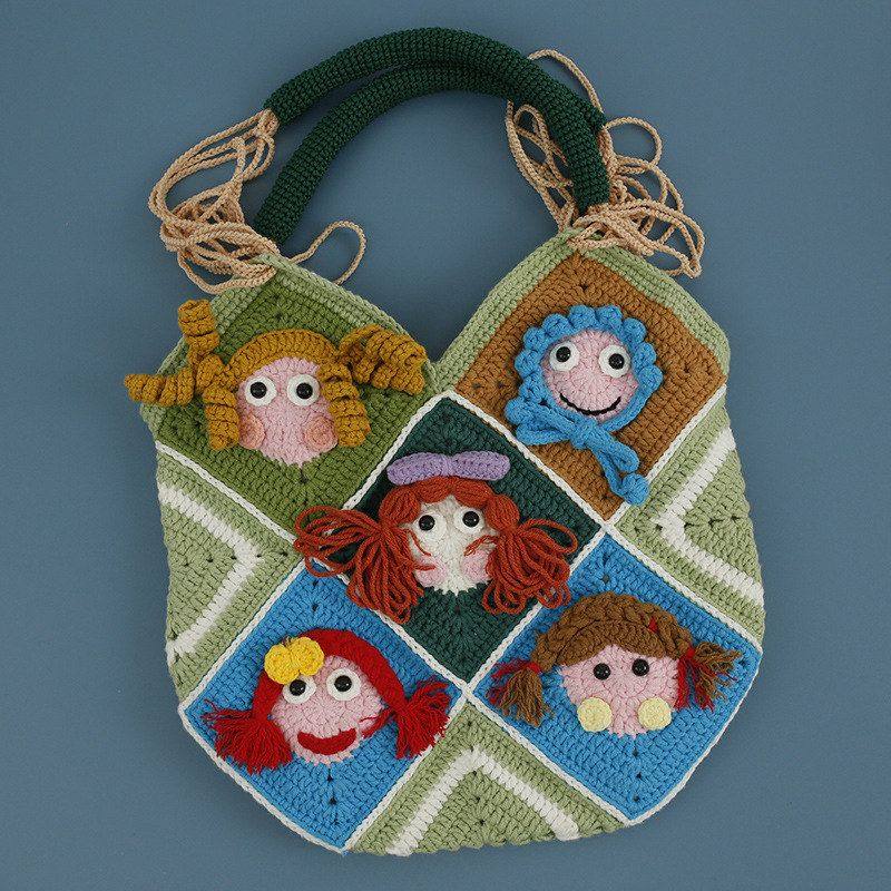 创意卡通手工编织单肩包 个性女孩儿方格拼接包 毛线钩织女包,箱包皮具/热销女包/男包,编织包,淘宝优惠券,粉丝福利购,淘宝优惠卷