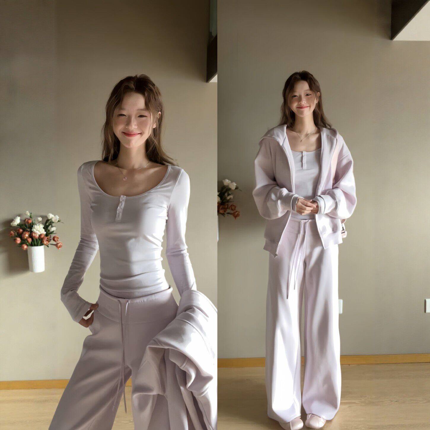 纯棉盐系运动服套装女春秋宽松时尚减龄慵懒风卫衣长裤休闲两件套