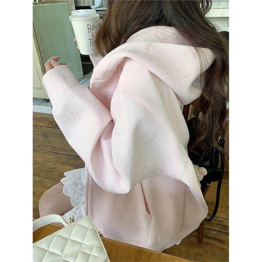刺绣kitty猫粉色开衫外套女秋季薄款宽松慵懒设计感拉炼连帽卫衣