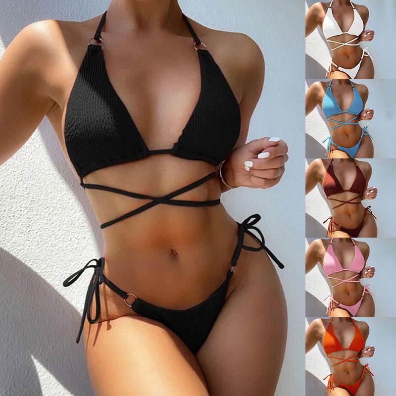 2023外贸爆款欧美性感比基尼衬衫波浪布系带分体女士游泳衣bikini