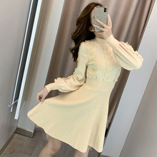 小个子连衣裙女秋冬内搭2019新款针织收腰显瘦灯笼袖打底毛衣裙子