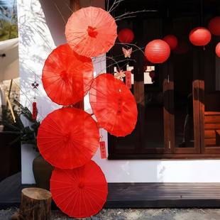 红色绸布伞油纸伞新年氛围装饰伞春节新中式国风吊顶挂饰婚礼布置