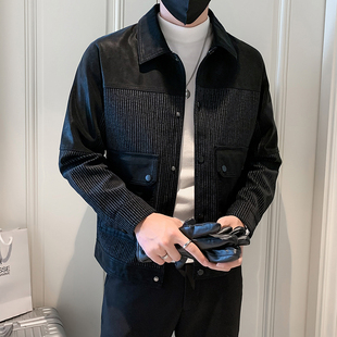 大牌皮夹克拼接条纹加绒 高品质外套潮流百搭皮衣男士 2024冬季 新款