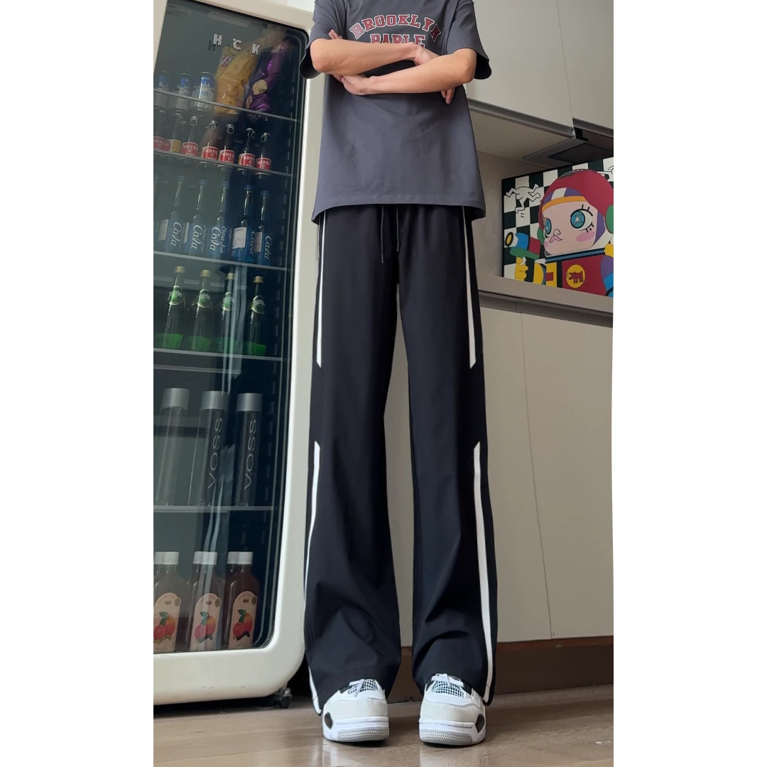 夏季薄款条纹冰丝裤男女冰凉透气潮牌垂感直筒裤子宽松休闲凉凉裤