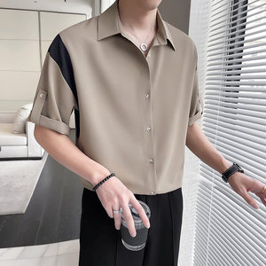 雅痞风撞色POLO衬衫短袖男潮牌潮流痞帅高级感冰丝衬衣发型师男装