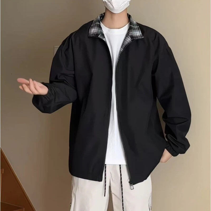 拼色格子立领运动夹克男春季宽松休闲情侣上衣服港风防风男生外套