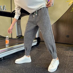 秋冬加厚保暖毛呢卫裤男简约帅气雪花呢子束脚设计休闲阔腿长裤子