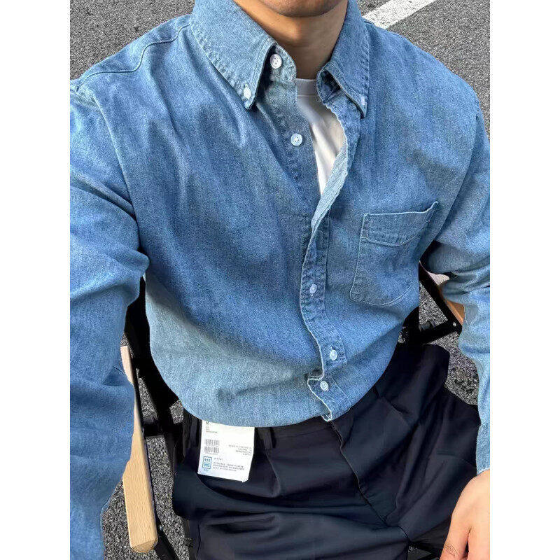 高品质水洗蓝色翻领长袖牛仔衬衫男款潮牌高级感休闲内搭衬衣外套,男装,牛仔衬衫,淘宝优惠券,粉丝福利购,淘宝优惠卷