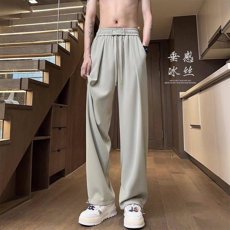 冰丝休闲裤子男士夏季薄款垂感阔腿直筒裤时尚宽松设计感运动长裤