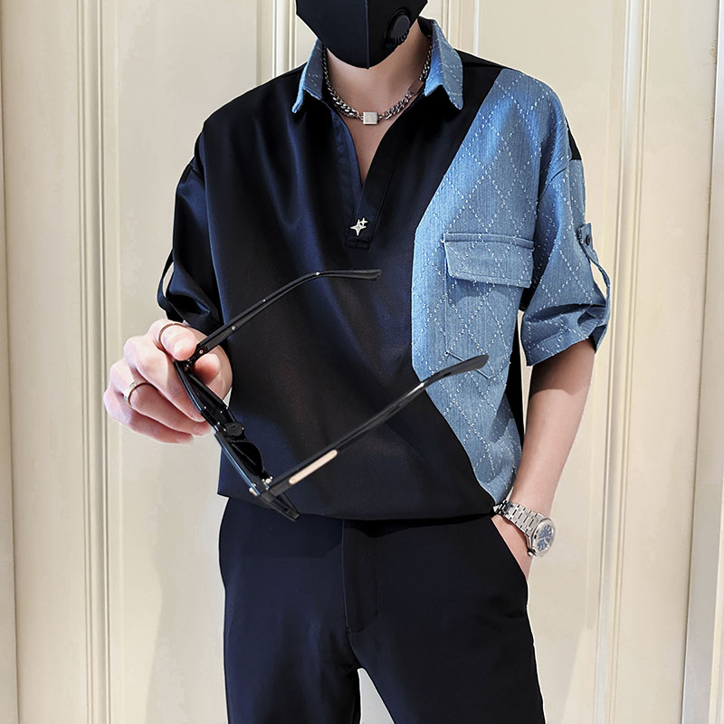 短袖上衣男款弘号牛仔拼接