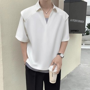 设计感网红垫肩T恤 假两件V领白色短袖 男款 夏季 痞帅高端冰丝Polo衫