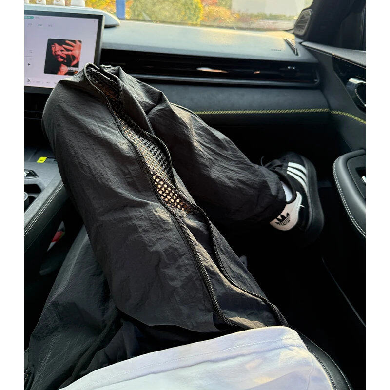 白灰色侧边拉链网格休闲裤男款夏季薄款美式速干裤子直筒运动长裤