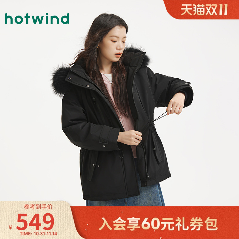 热风女士派克羽绒服2025年冬季新款时尚大毛领抽绳显瘦黑色羽绒服