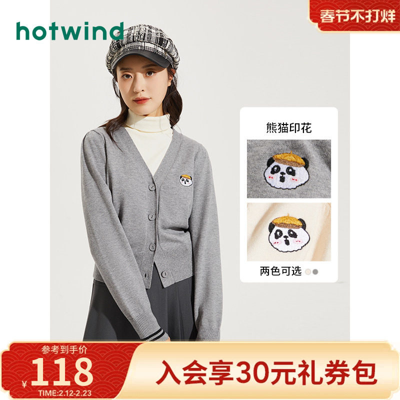 【熊猫设计师系列】热风2025年春季新款女士卡通V领百搭针织开衫