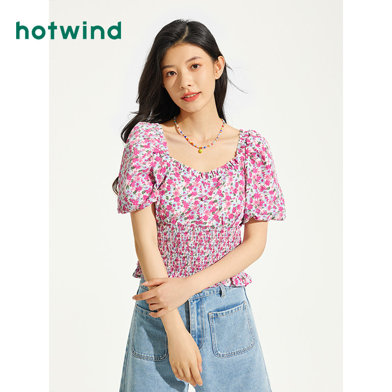 热风2023年夏季新款女士法式优雅碎花上衣甜美百搭短款短袖上衣女