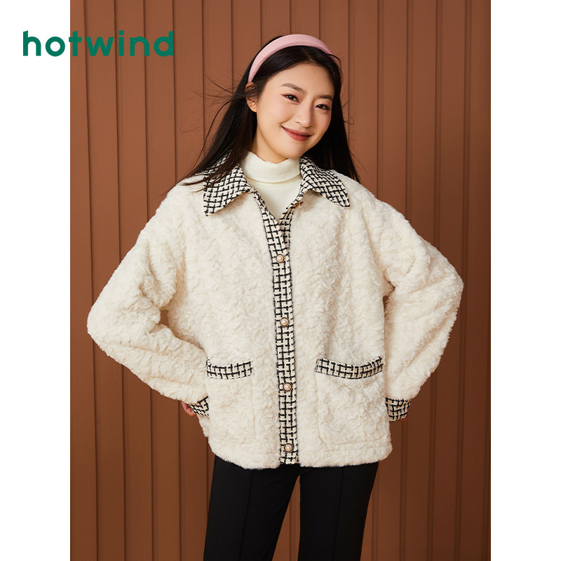 热风2023年冬季新款女士翻领毛毛外套甜美小香风短款上衣简约百搭