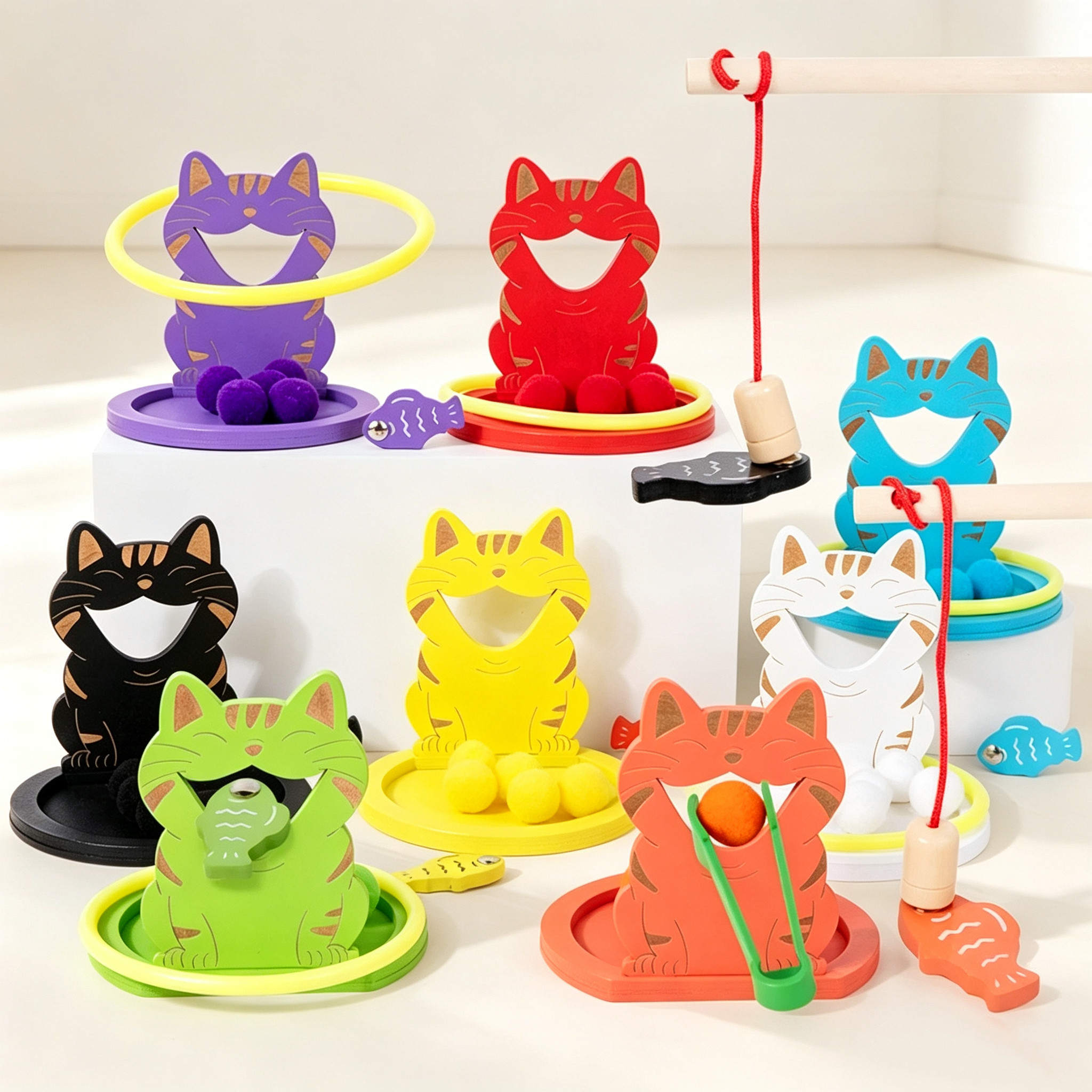 木制小猫套圈钓鱼玩具桌面游戏