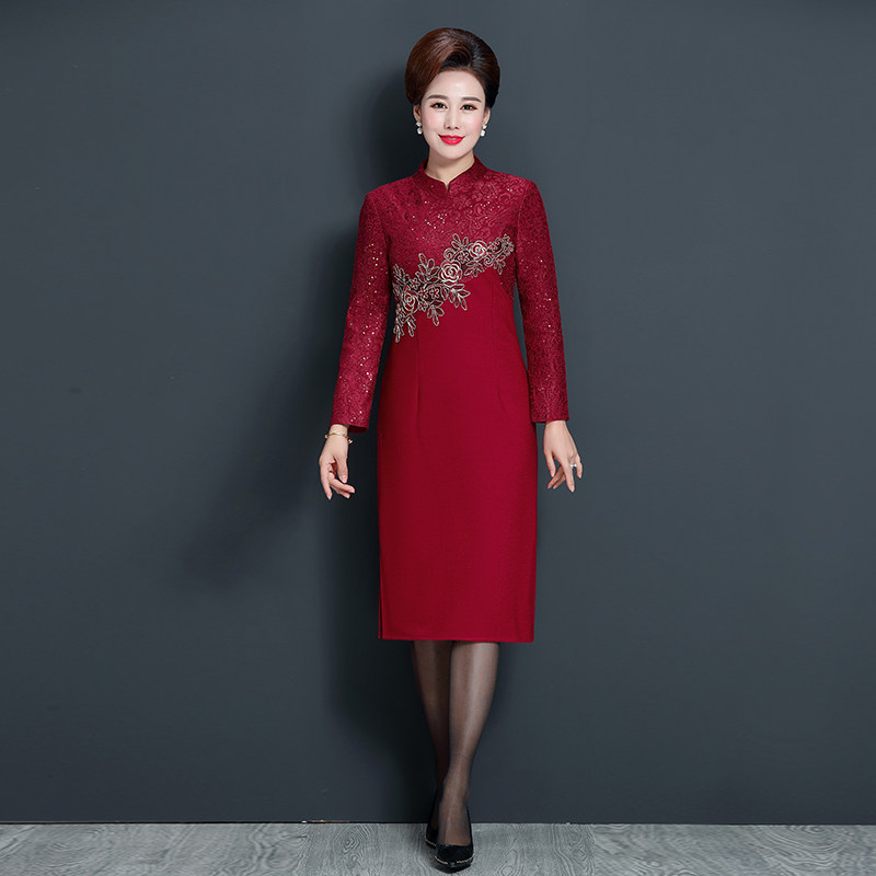 冬季女结婚妈妈装小个子红色厚款羊毛呢婚宴礼服喜婆婆婚礼旗袍裙