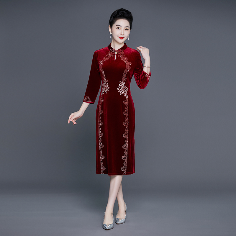 妈妈礼服金丝绒喜婆婆新娘旗袍