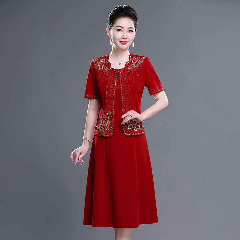 2025年夏天办婚礼妈妈装短袖薄款两件套婚宴礼服丈母娘喜庆红套装
