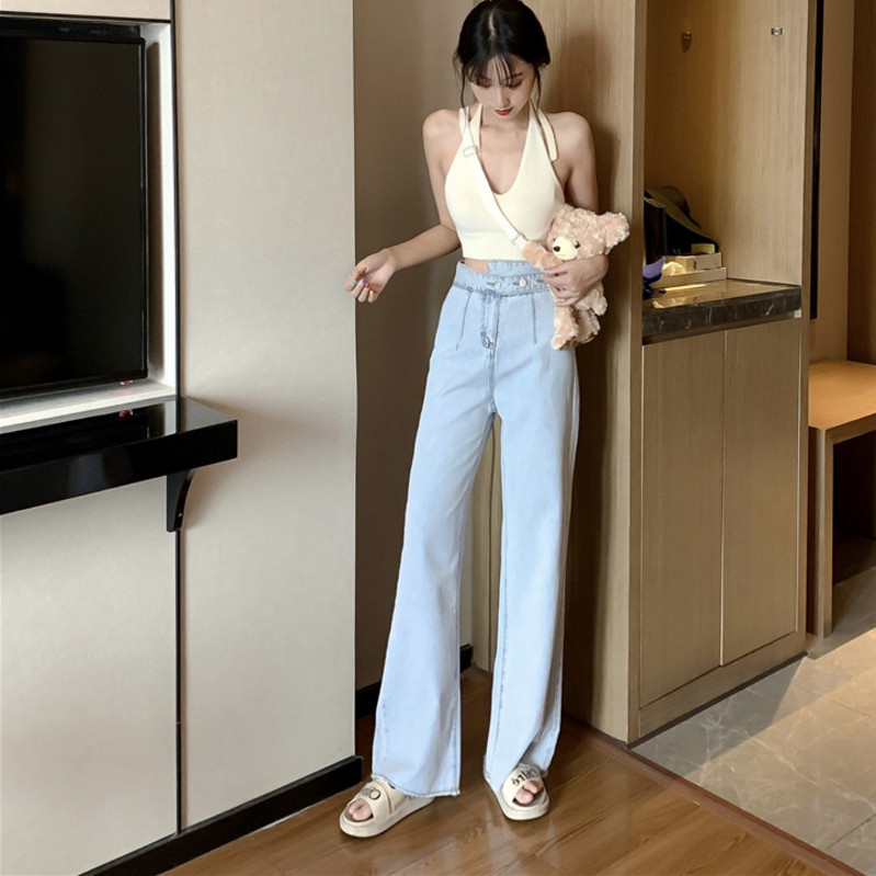 时尚韩版女装新款个性不规则高腰阔腿裤牛仔裤宽松显瘦直筒拖地裤