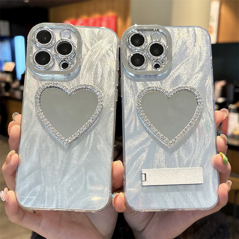 苹果17羽纱纹水钻爱心镜子手机壳