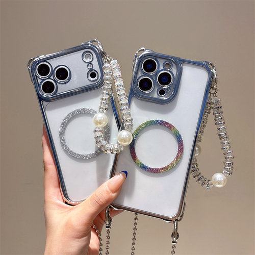 闪粉磁吸无线充电适用于iphone17手机壳16proMAX高级感透明苹果15手链条斜跨14plus电镀银13四角可挂绳12潮女