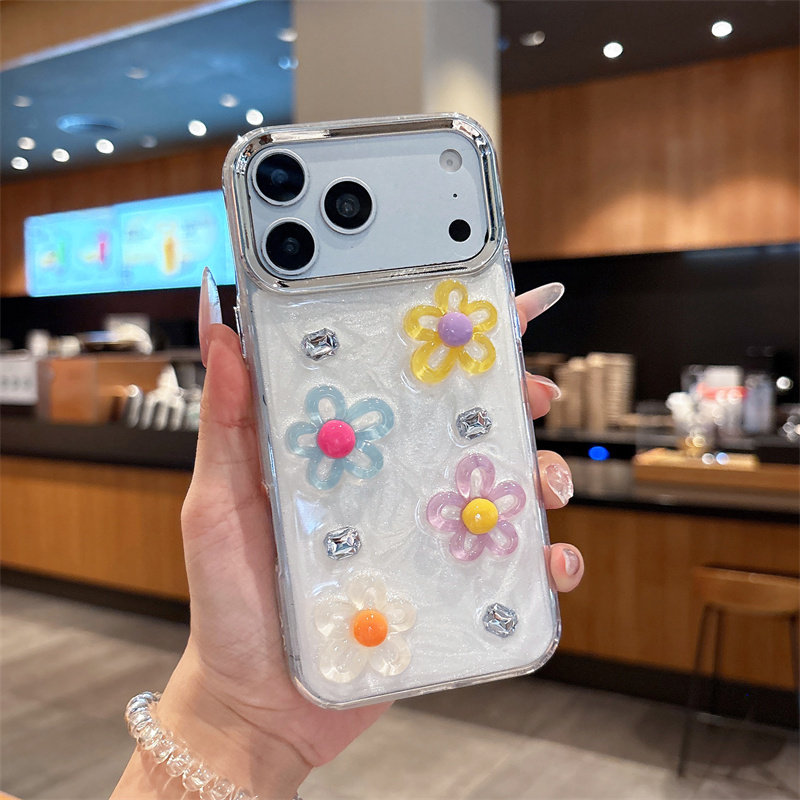 立体水钻彩色水晶花朵适用于iphone17手机壳18proMAX透明滴胶闪粉苹果16小清新15保护套14马卡龙简约13日韩女