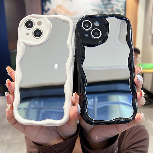 银色电镀亚克力镜面适用于iphone15手机壳16proMAX奶油纹14plus补妆镜子苹果13硅胶保护套12波浪边个性简约女