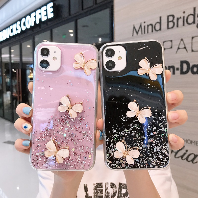 3D立体水晶蝴蝶适用iphone15手机壳16proMAX透明滴胶苹果17air可爱14plus闪粉亮片13创意保护套12网红8小众女