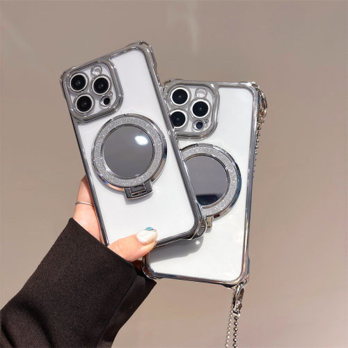 闪粉支架镜子适用于iphone17手机壳18proMAX四角开孔苹果16plus电镀透明15斜跨链条挂绳14高级感13补妆镜面12