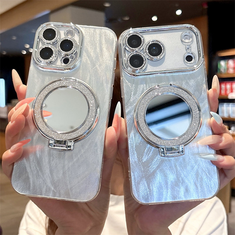 闪粉支架小镜子适用于iphone16手机壳17proMAX羽纱毛条纹苹果15补化妆镜面13电镀镜头带膜14plus高级感防摔女