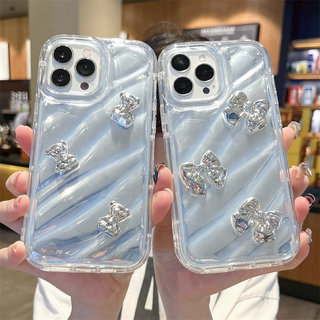 银色电镀立体蝴蝶结适用于iphone15手机壳14proMAX褶皱爱心苹果13透明硅胶套12可爱小熊8plus简约7P水波纹6软