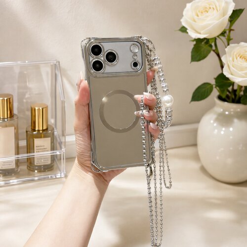 镜面磁吸无线充电适用于iphone17手机壳16proMAX补妆镜子苹果15手链条斜跨14plus电镀银色13四角可挂绳12防摔