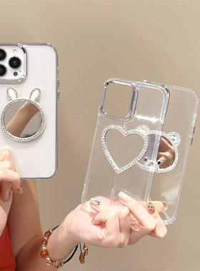 卡通水钻小镜子适用华为Pura70手机壳mate60透明nova12荣耀100补妆X50镜面8pro硅胶套X40i电镀镜圈X9B可爱3女