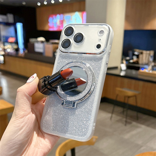 闪粉圆形镜子支架适用于OPPOReno14手机壳FindX9透明X8S电镀框一加13T补妆镜面Ace6带镜头膜A2pro手链A57潮女