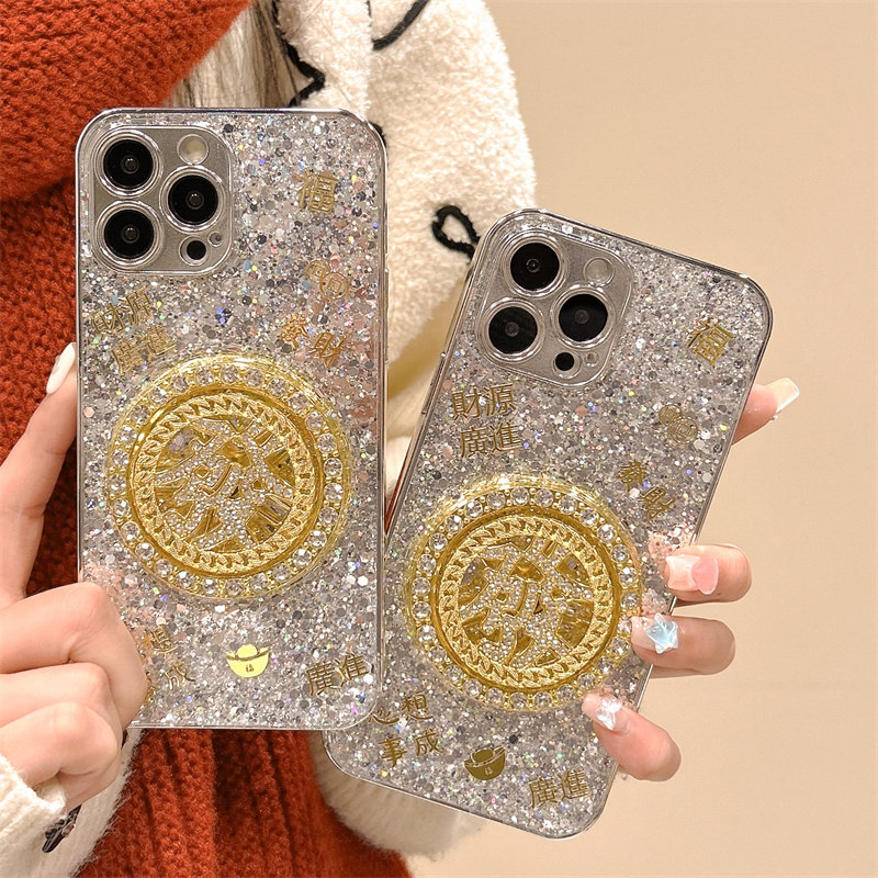 时来运转可旋转水钻发财转盘适用iphone15手机壳16proMAX电镀银色闪粉苹果17air财源广进14plus亮片13高档12