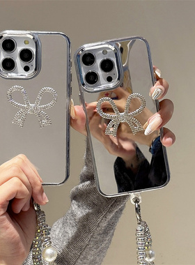 立体满水钻蝴蝶结适用谷歌GooglePixel10手机壳9A电镀镜框Pixel5XL补妆镜面8pro高级感谷歌6可爱4A手链7潮女