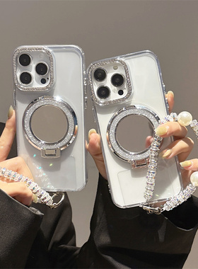 闪粉镜面支架适用于谷歌GooglePixel10手机壳9A水钻镜框Pixel5XL补妆镜子8pro高级感6A透明保护套4A手链7潮女