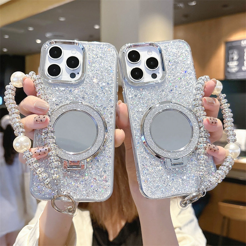 圆形补妆镜子支架适用于iphone16e手机壳15proMAX银色滴胶闪粉苹果14plus宝石手链13镜面17air保护套12亮片女,3C数码配件,手机保护套/壳,淘宝优惠券,粉丝福利购,淘宝优惠卷