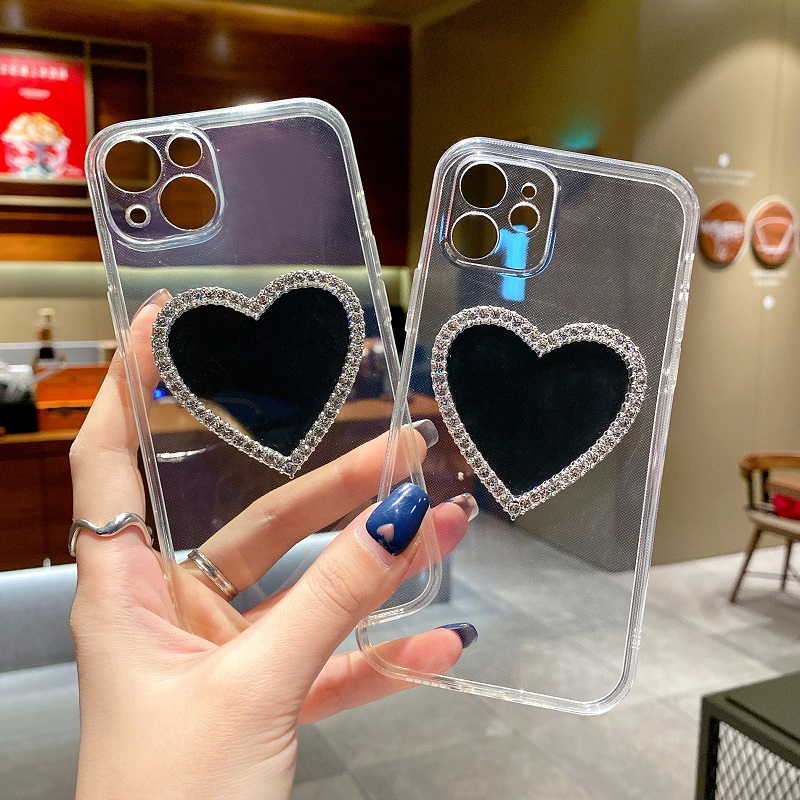 水钻爱心镜面适用于iphone15手机壳16proMAX透明苹果13直边保护套14plus补妆镜子12简约17Air手链挂绳防摔女