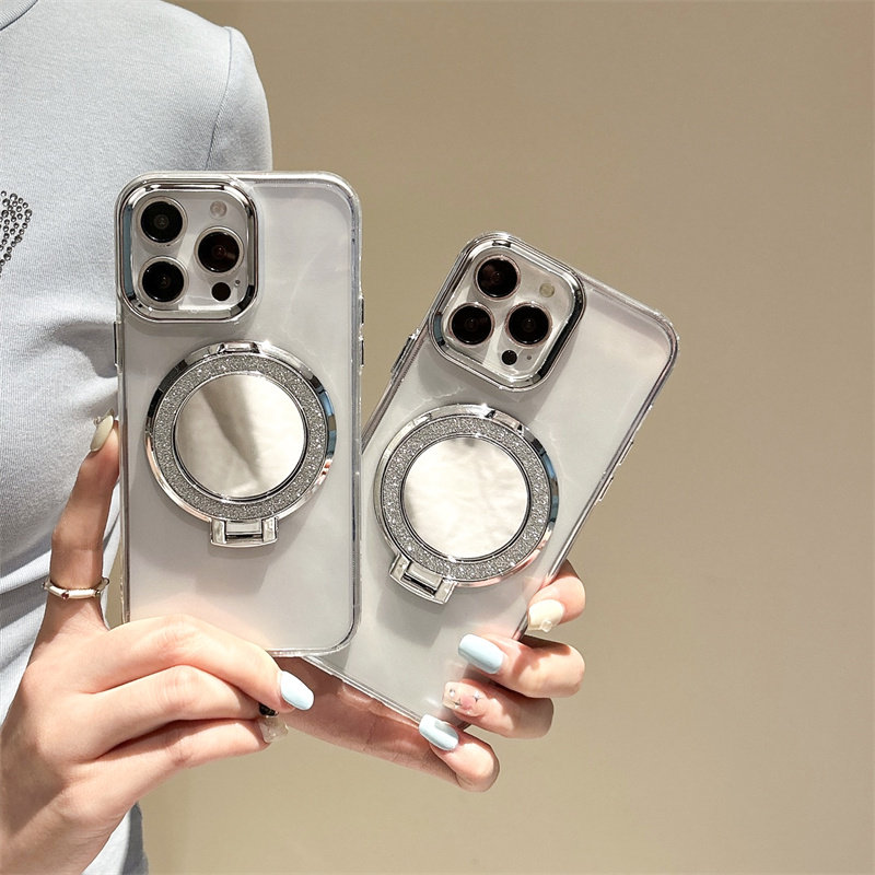 银色闪粉小镜子支架适用谷歌GooglePixel10手机壳9A电镀镜框Pixel5XL补妆镜面8pro高级感透明6A简约4A防摔7女