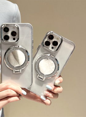 银色闪粉小镜子支架适用谷歌GooglePixel10手机壳9A电镀镜框Pixel5XL补妆镜面8pro高级感透明6A简约4A防摔7女