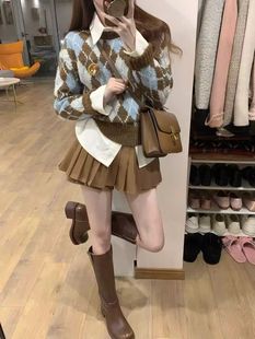 女 复古菱格毛衣裙子三件套装 深冬装 搭配一整套韩剧穿搭高级感法式