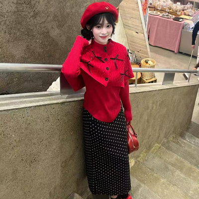 小香风红色斗篷披肩针织上衣裙子