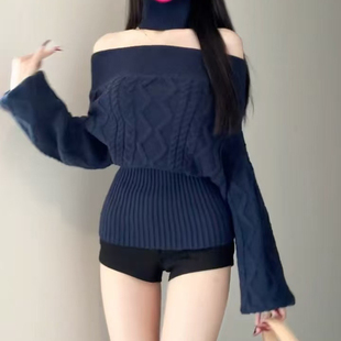巨好看的冬装一整套御姐轻熟纯欲风高级感一字肩毛衣短裤两件套装